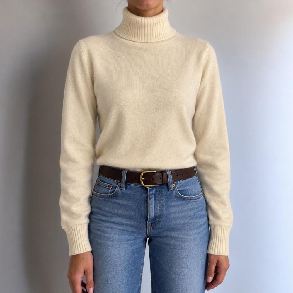 Vintage 90s Lord & Taylor 100% Cashmere Cream Fitted Turtleneck Sweater Size M
